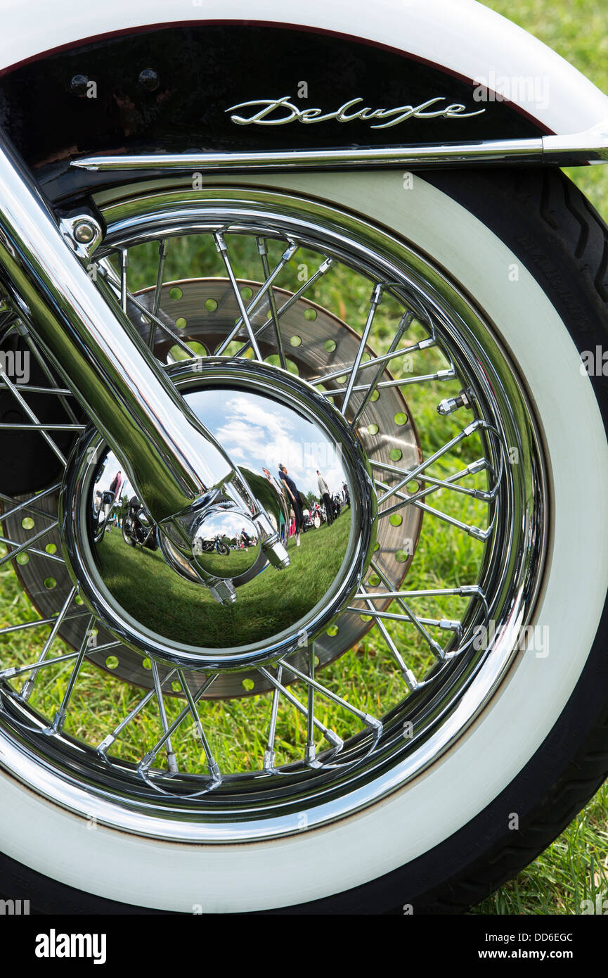 Harley Davidson motorcycle spoked wheel with white wall tyre Stock Photo