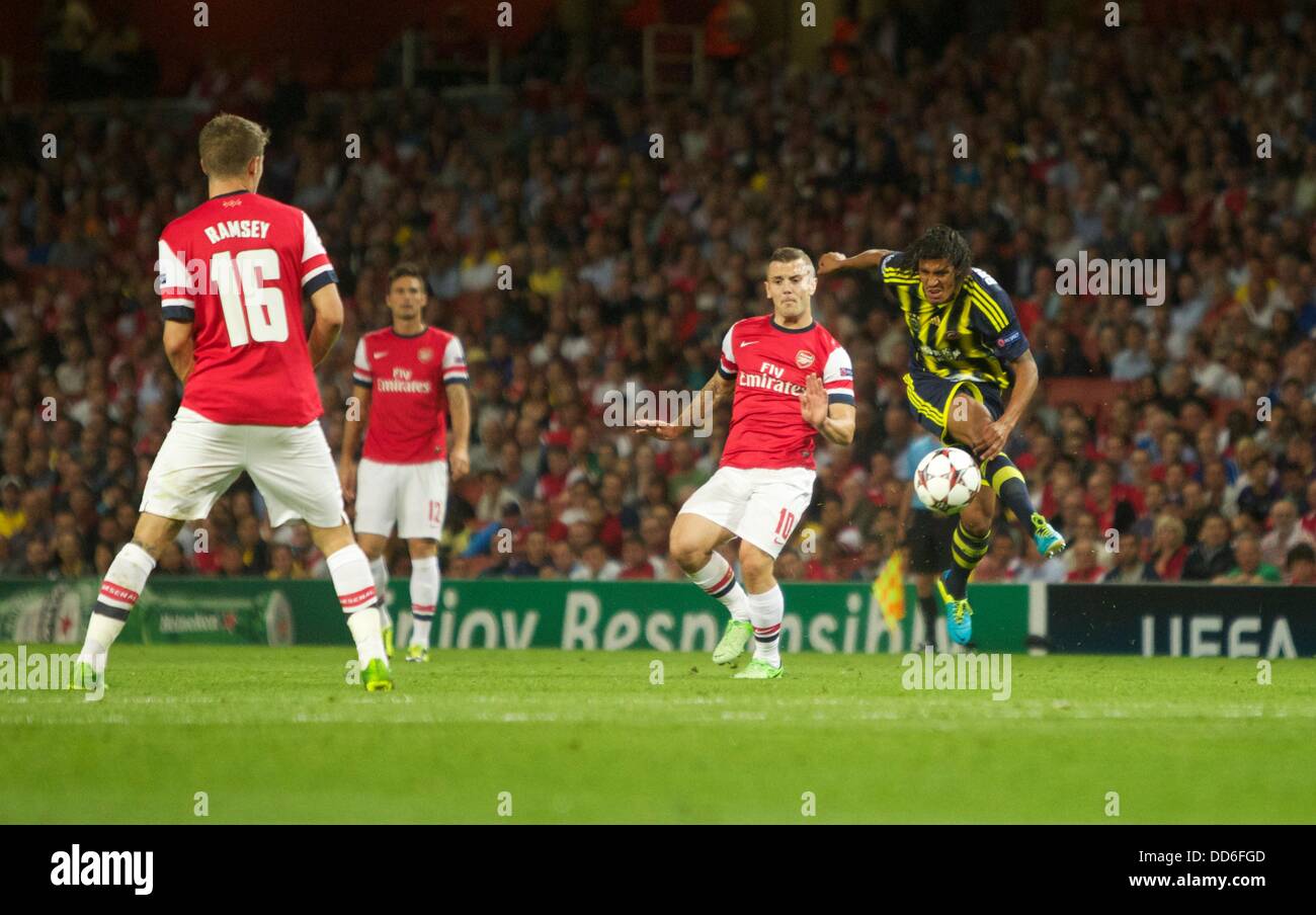 London, UK. 27th Aug, 2013. Bruno Alves of Fenerbahce goes for goal during the Champions League 2nd leg Qualifier between Arsenal and Fenerbahce from the Emirates Stadium. Credit:  Action Plus Sports/Alamy Live News Stock Photo