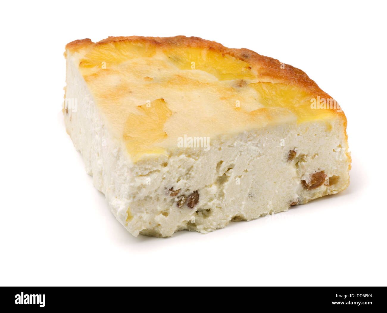 Piece of curd cheese pie with raisins isolated on white Stock Photo