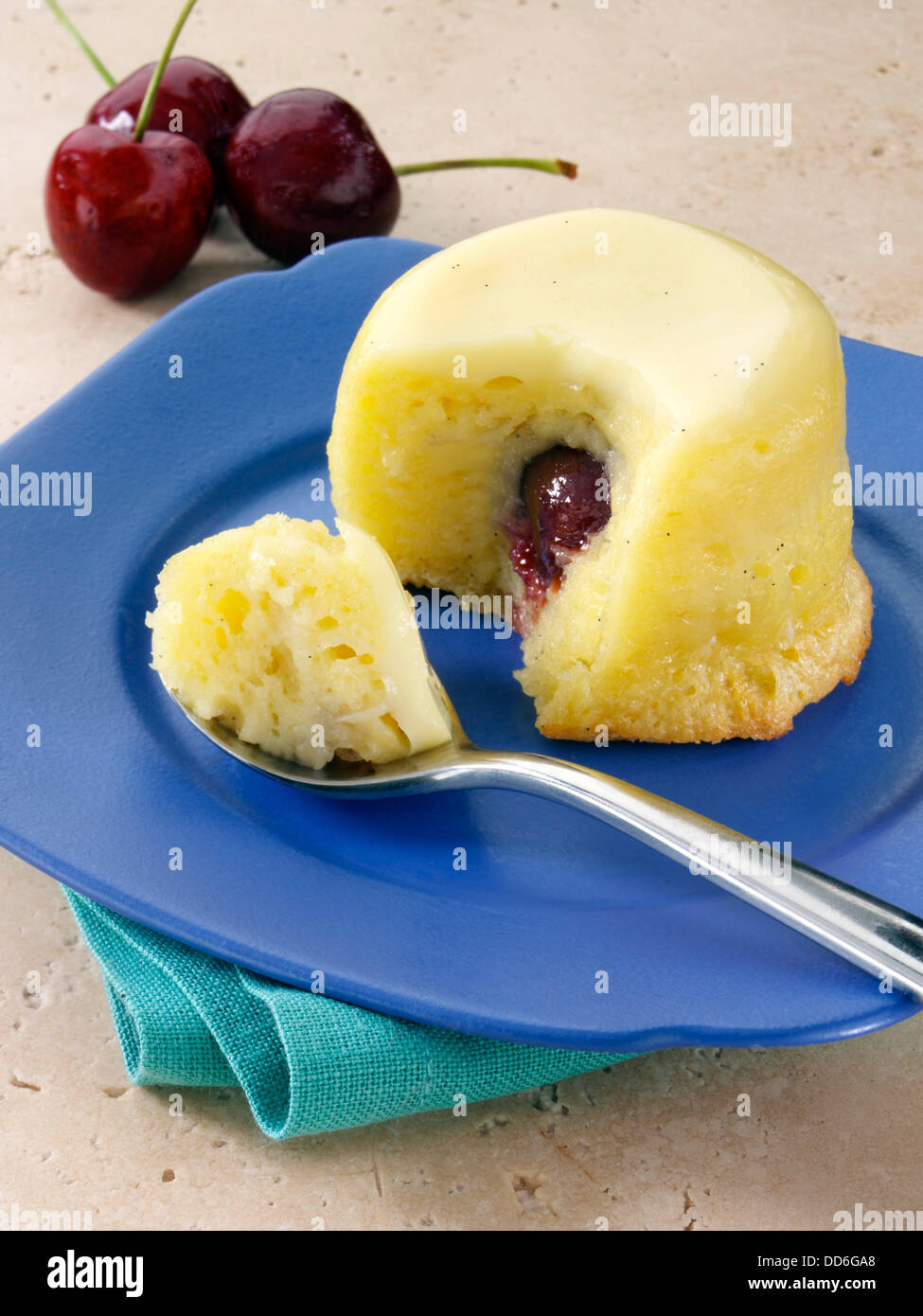 Home baked cherry charlotte baked custard fruit dessert hires stock