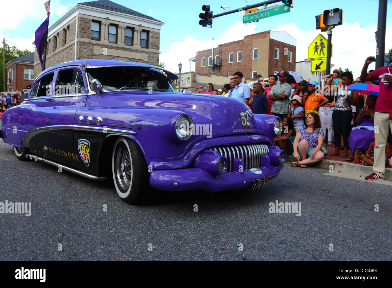 Greg Hudnet's 1952 Buick painted in Baltimore Ravens football team colors taking part in 4th of July Independence Day parades, Catonsville, Maryland Stock Photo