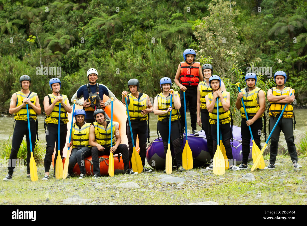 Large Group Of Young People Ready To Go Rafting Stock Photo - Alamy