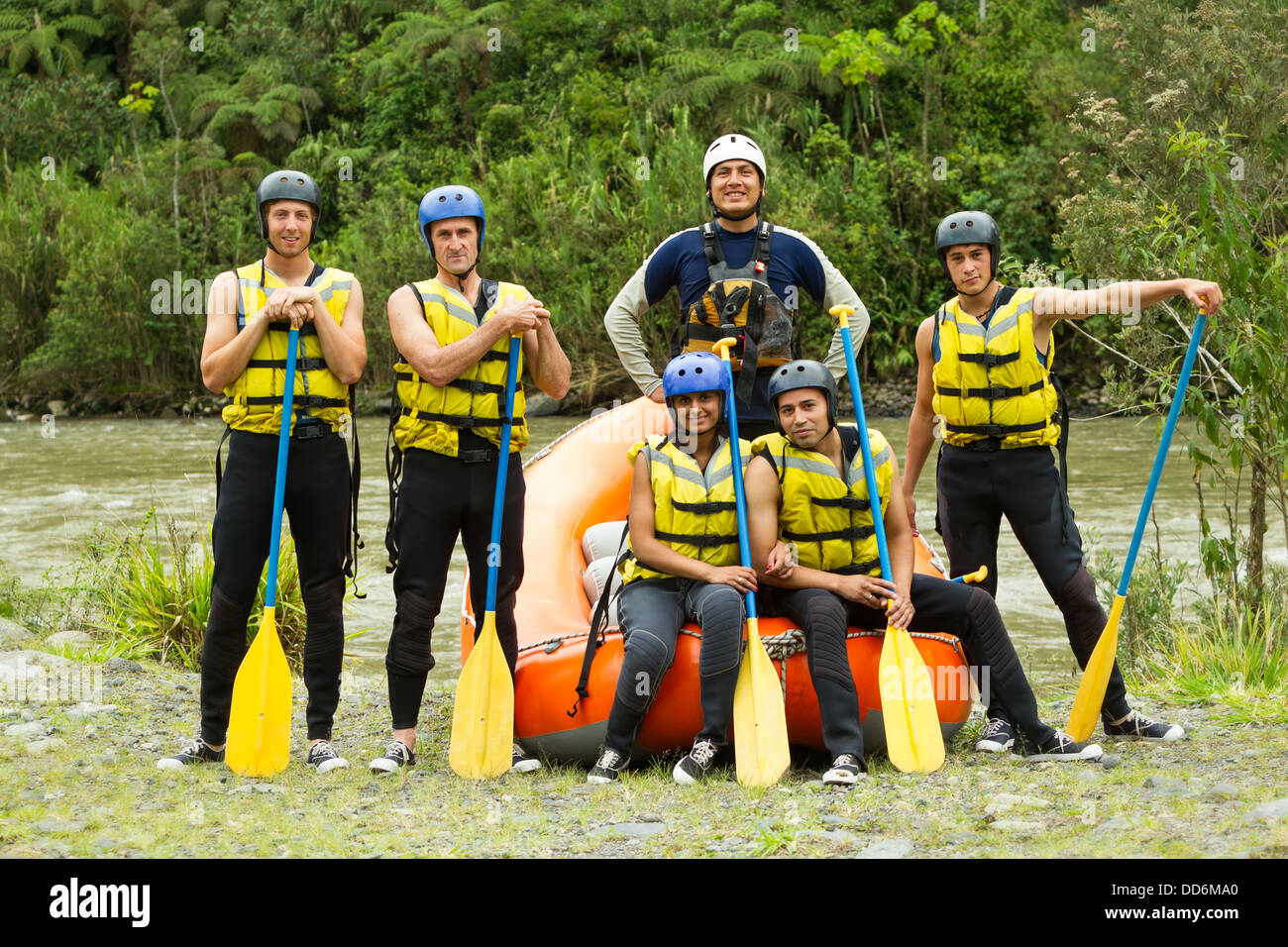 Large Group Of Young People Ready To Go Rafting Stock Photo - Alamy