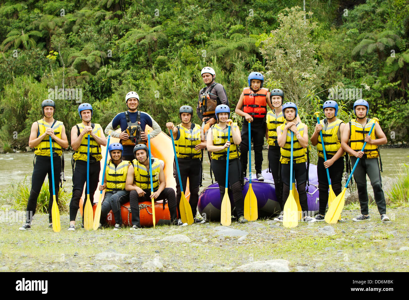 Large Group Of Young People Ready To Go Rafting Stock Photo - Alamy