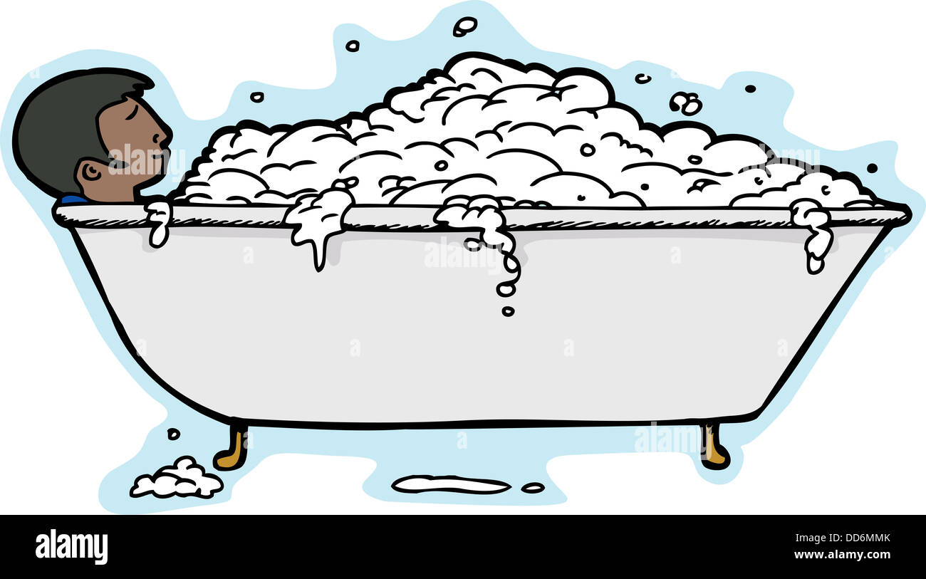 Calm person in antique tub taking a bubble bath Stock Photo