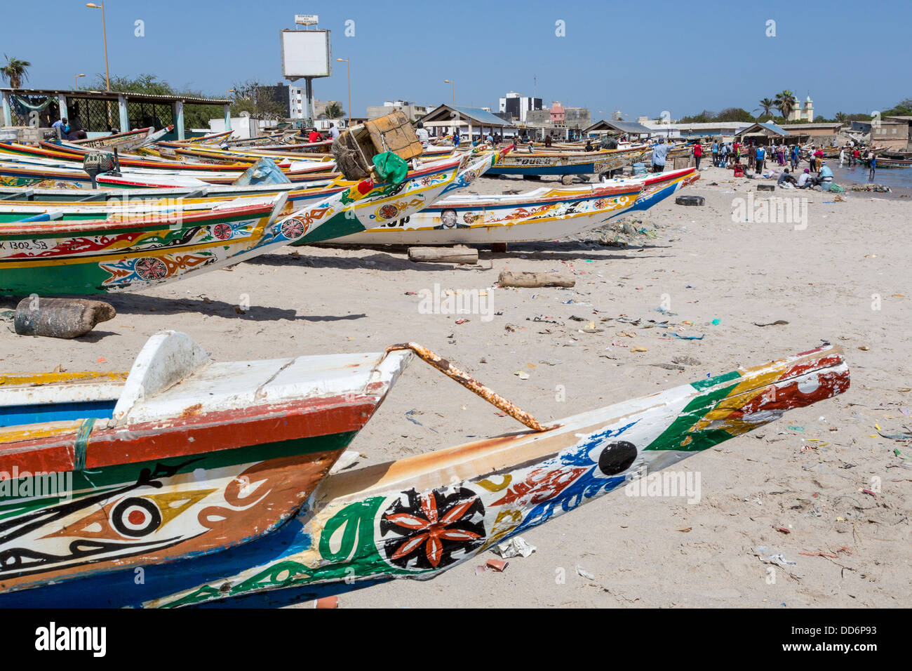 Dakar, Senegal. Fishing Boats on the Beach at Soumbedioune Fishing Village, now a part of the metropolis of Dakar. Stock Photo