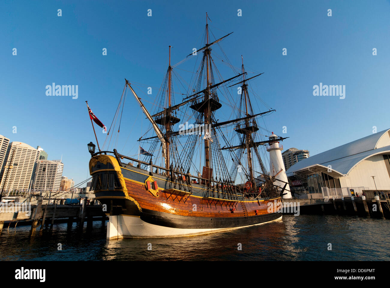 'The Endeavour', a replica of Captain Cook's ship, moored outside the Australian National Maritime Museum, Sydney Stock Photo