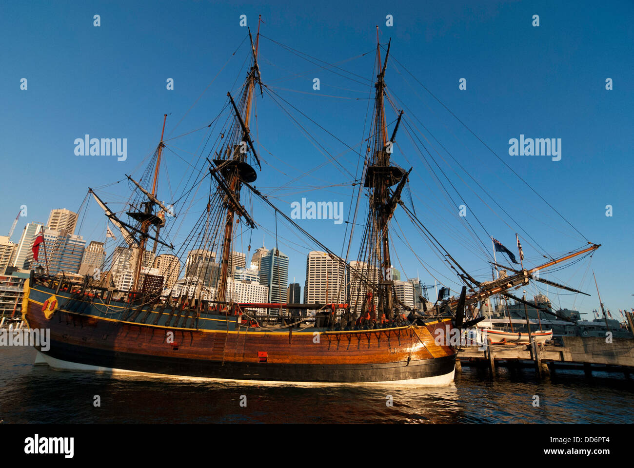 'The Endeavour', a replica of Captain Cook's ship, moored outside the Australian National Maritime Museum, Sydney Stock Photo