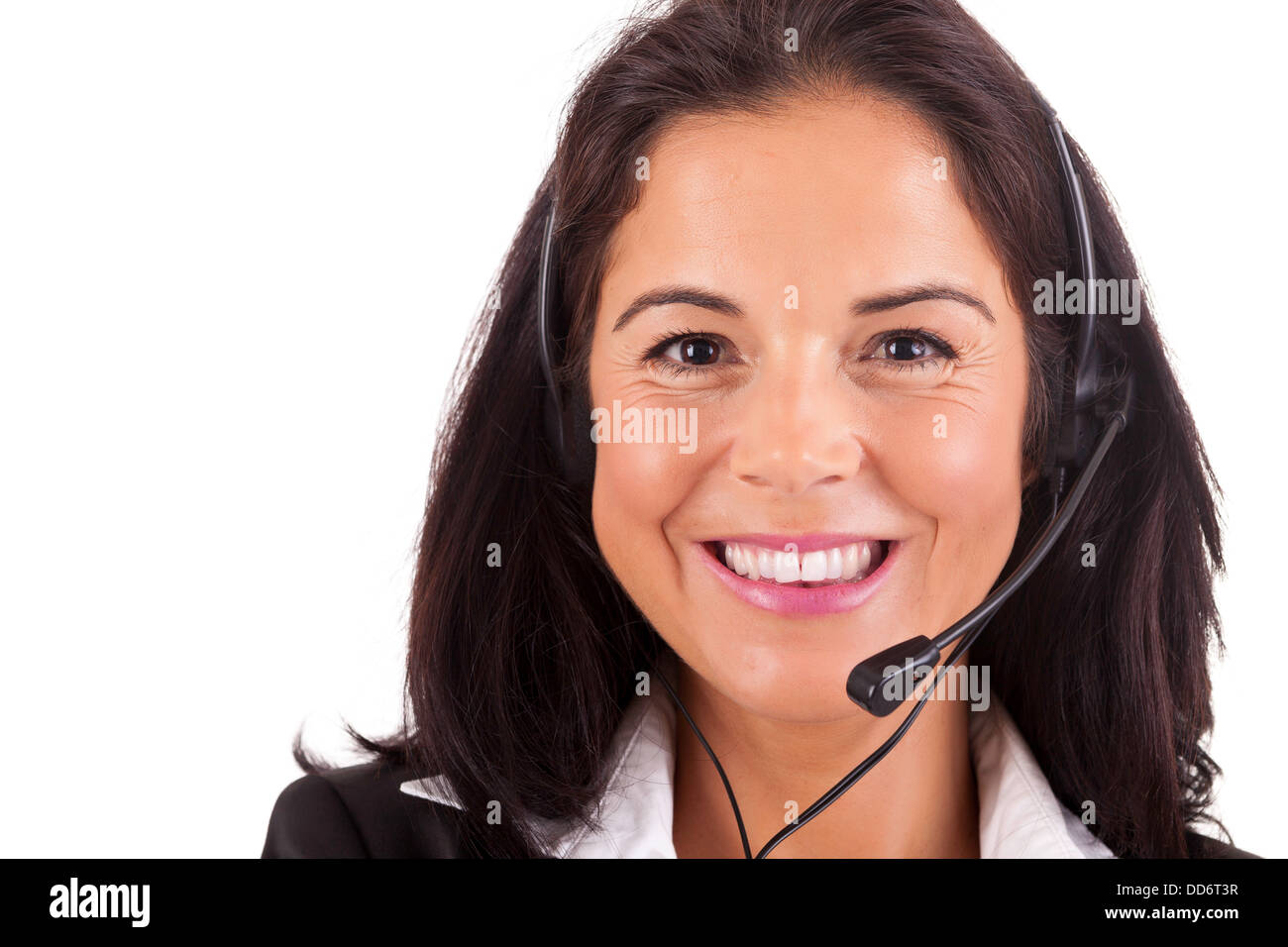Friendly young beautiful telephone operator at work Stock Photo Alamy