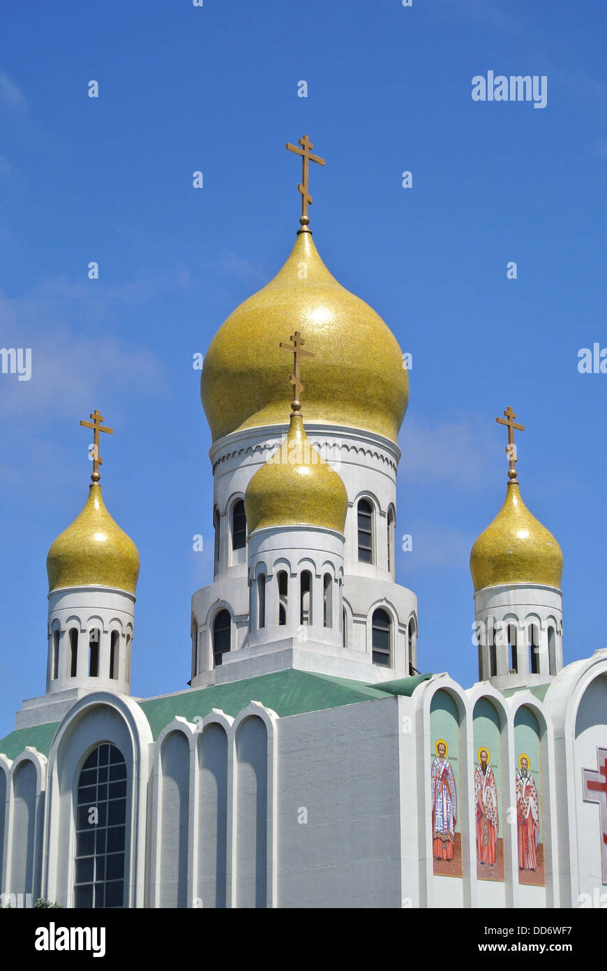 view of onion domes of Russian Orthodox church in San Francisco Stock Photo