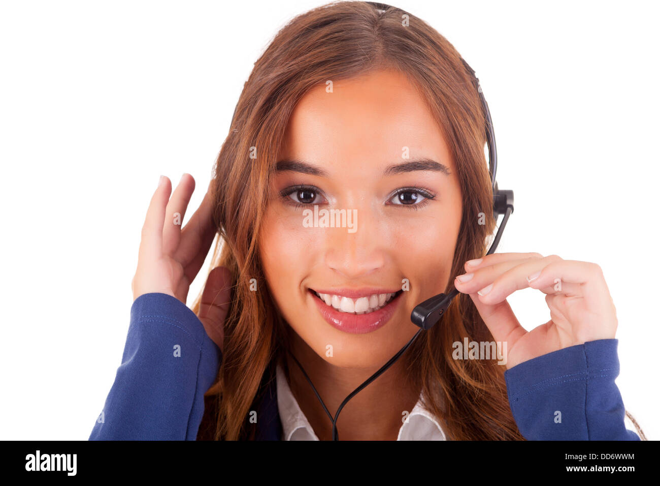 Friendly telephone operator, isolated over white background Stock Photo