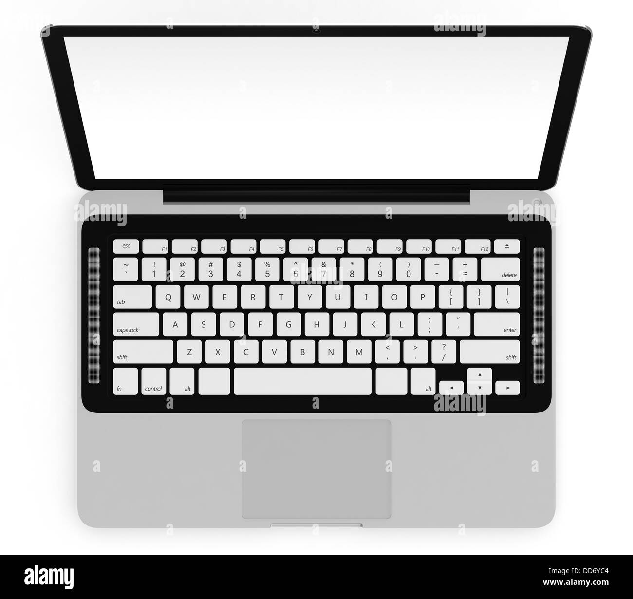 3D image of modern laptop with blank screen isolated on white Stock Photo