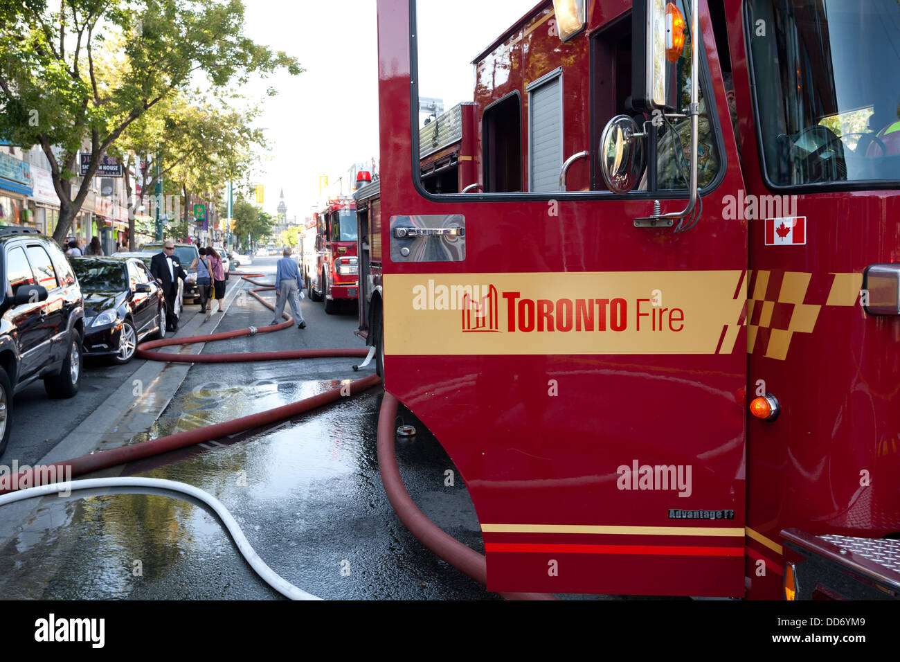Front door of a Toronto Fire Truck at the scene of a fire on Spadina Avenue, Toronto, Ontario, Canada. Stock Photo