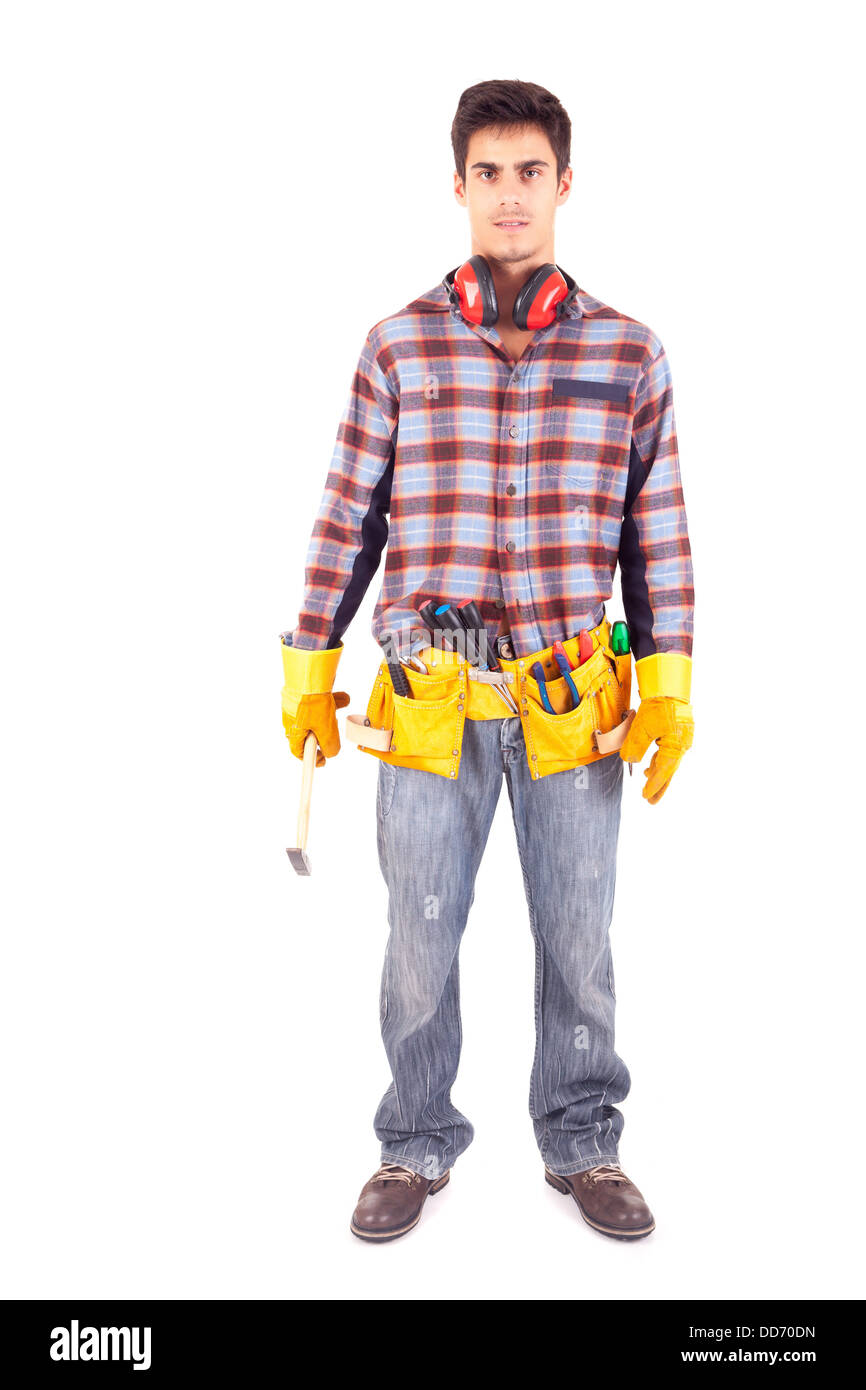 Young male construction worker, isolated over white background Stock Photo