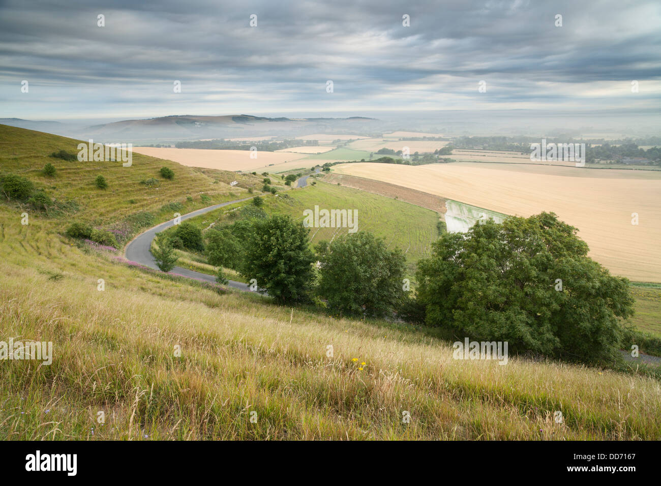 Viewpoint from Firle Beacon across the Sussex countryside to Mount Caburn Stock Photo