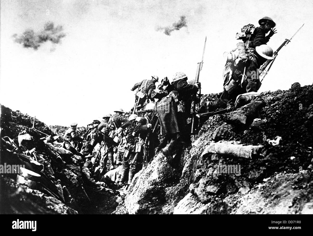 Canadian troops going, over the top, during training near St. Pol, France. World War I. October 1916. Stock Photo