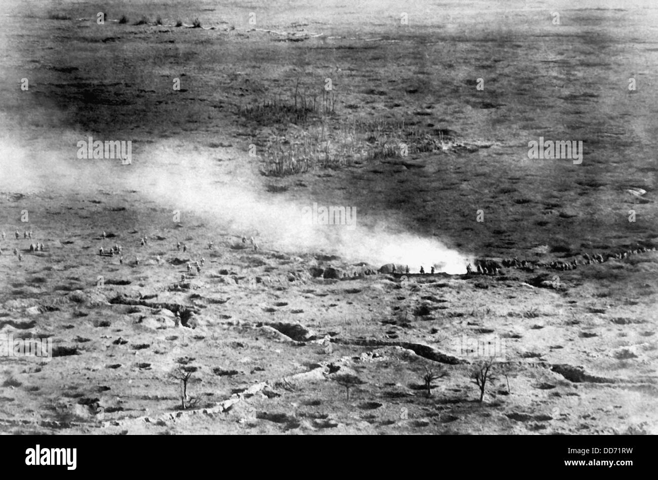 World War I aerial photo of French troops on the Somme Front, launching an attack on the Germans. 1916-18. Stock Photo