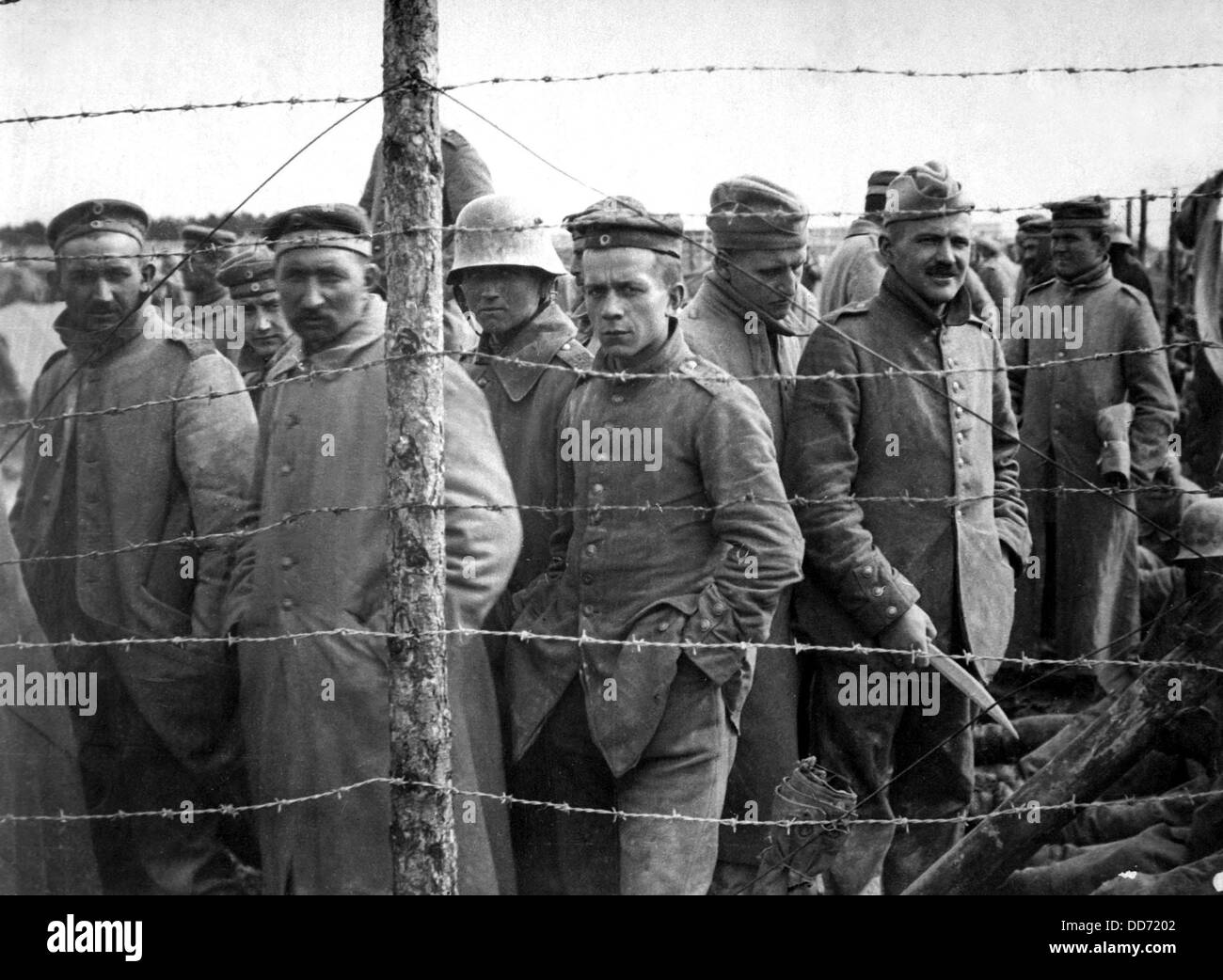 German prisoners in a French prison camp. World War I. Ca. 1918. Stock Photo