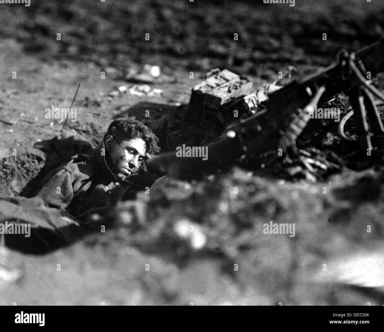 Dead German machine gunner, killed in the last week of the World War I. Villers Devy Dun Sassey, France. Nov. 4, 1918. Stock Photo