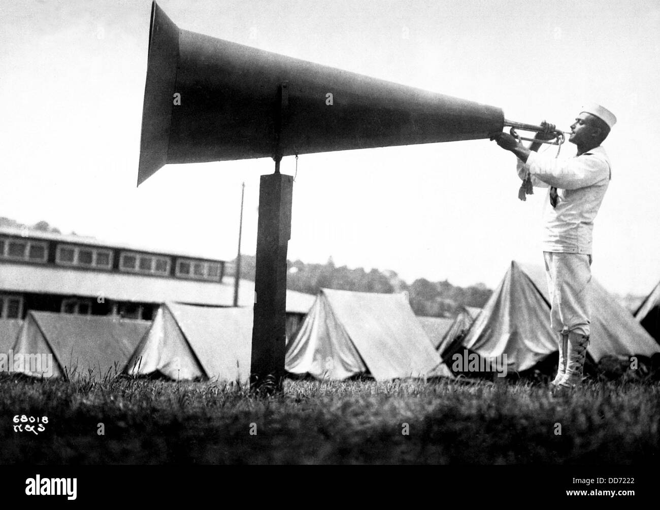 Huge megaphone used to wake up sleeping recruits. U.S. Naval Training Camp, Seattle, Wash. World War I. Ca. 1917-18. Stock Photo