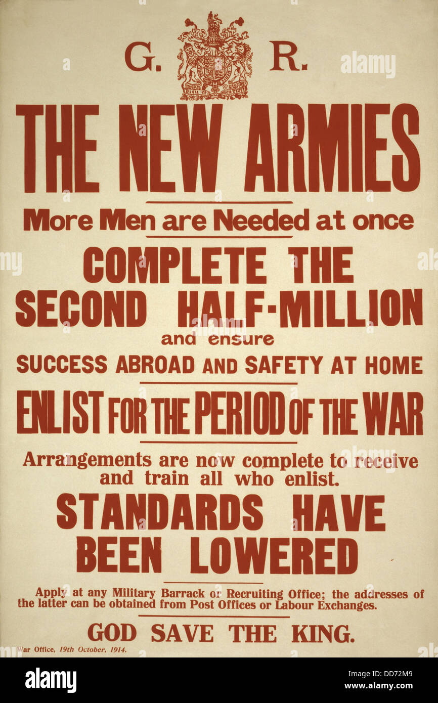 World War 1. British recruiting poster issued by the War Office in October 1914. Britain relied on volunteers until the March Stock Photo