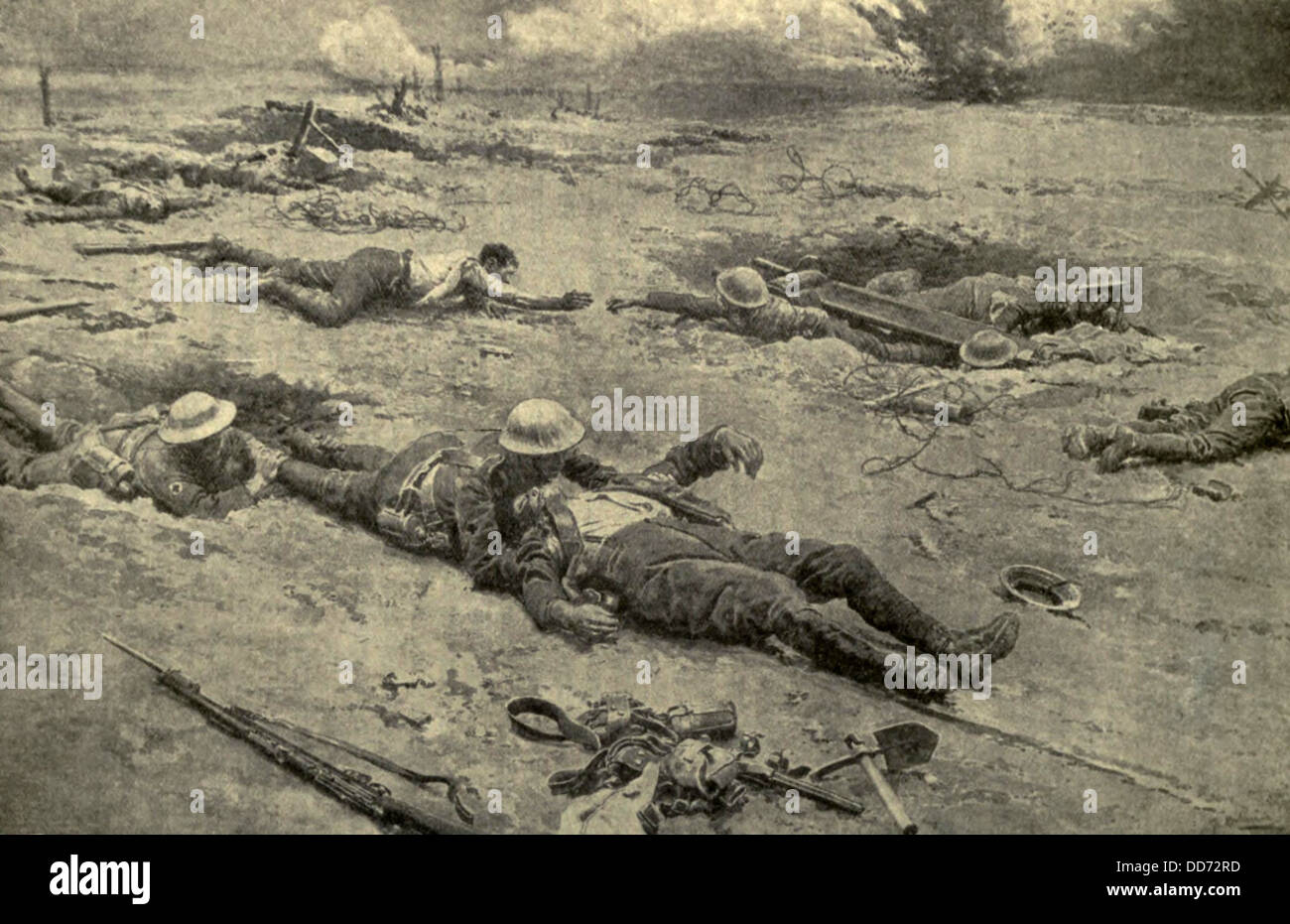 World War 1. R.A.M.C. (Royal Army  Medical Corps) bringing in the wounded from No Man's land after a battle. In many cases, Stock Photo