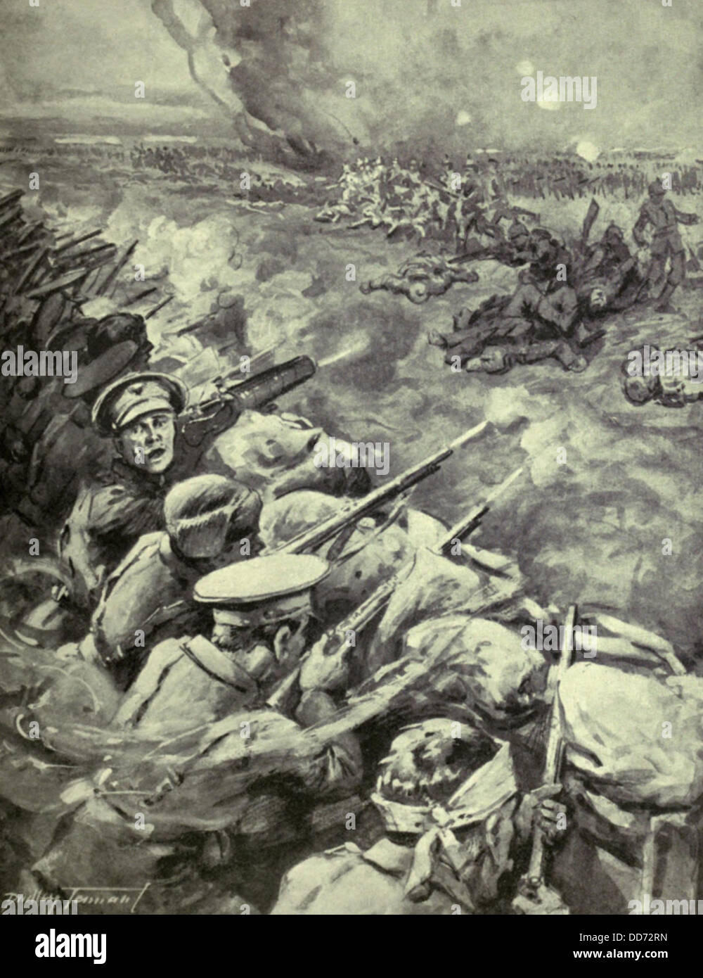 World War 1. Propagandistic British illustration of a German counter-attack on the British occupied Hohenzollern Redoubt, an Stock Photo