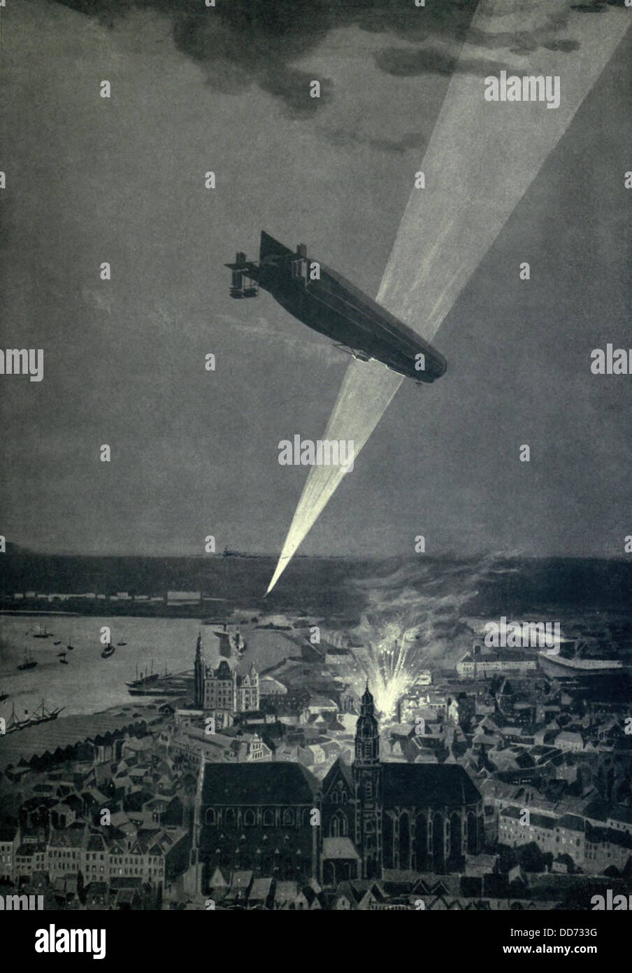 World War 1. First use of a German Zeppelin to drop bombs occurred on Aug. 24, 1914. Antwerp was attacked with shrapnel bombs Stock Photo