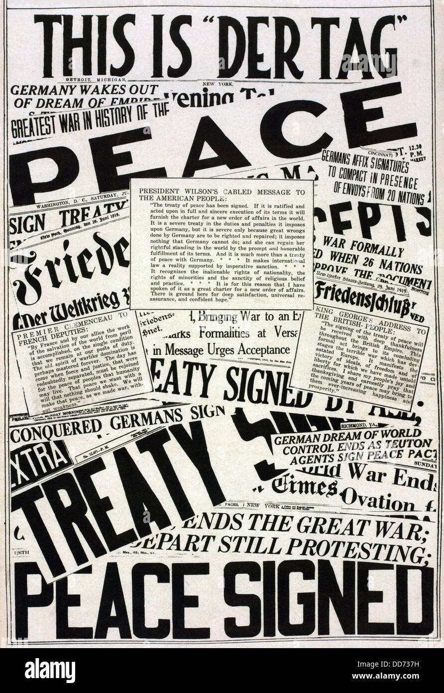 World War 1. The collage of Newspaper headlines and articles announcing the signing of the Versailles Peace Treaty. It includes Stock Photo