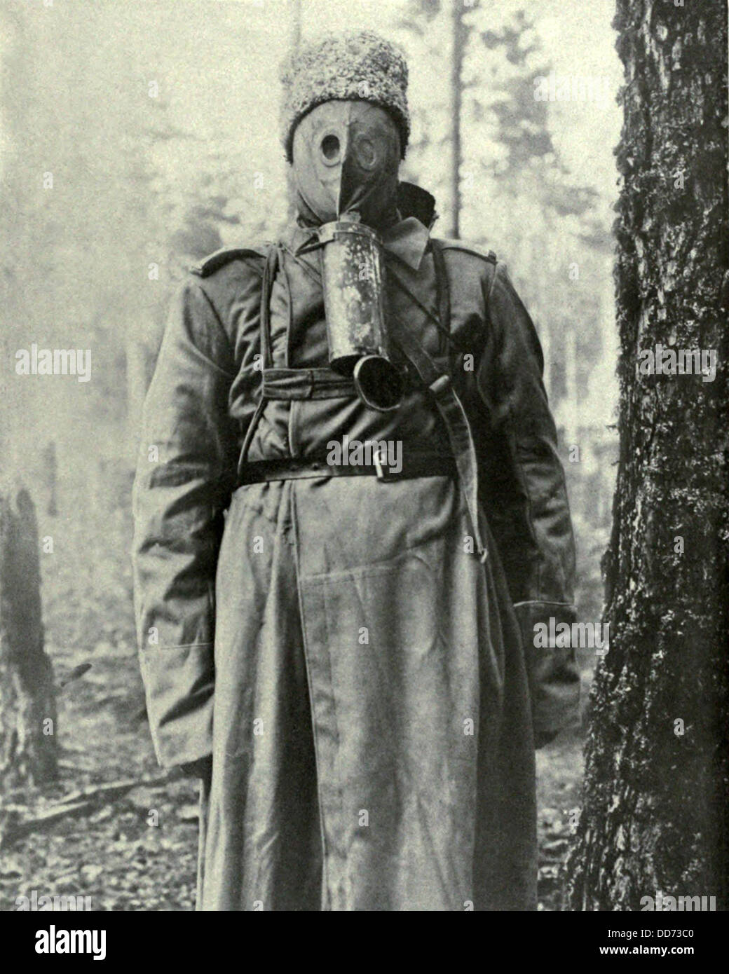 Russian primitive type of gas mask used in WW1. 1917. The rubber mask covers the face and the soldier breaths through a hole on Stock Photo