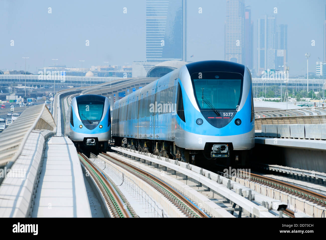 View of Metro railway trains in Dubai United Arab Emirates Stock Photo
