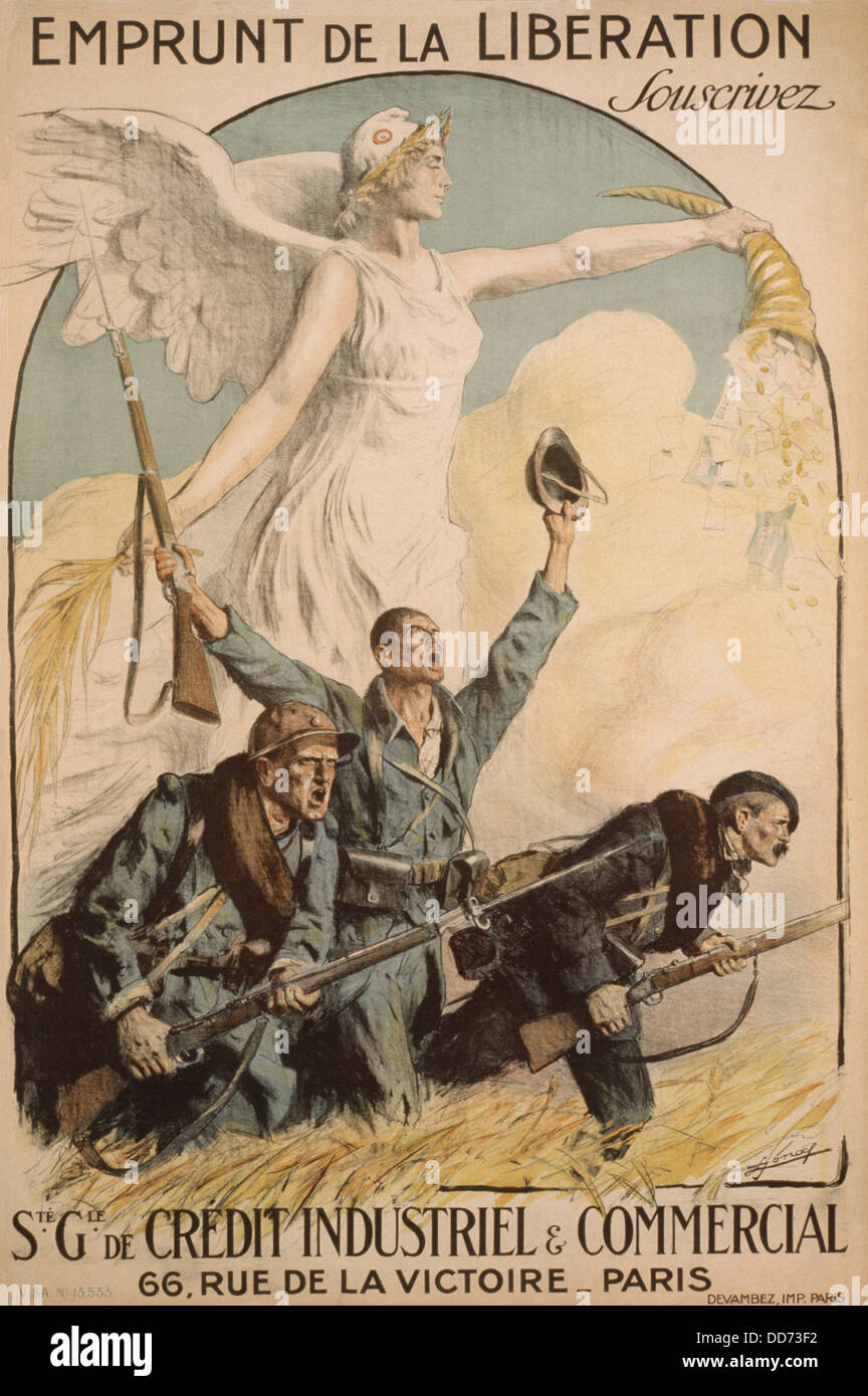 'The Liberation Loan. Subscribe', reads a French WW1 poster of 1918. French and allied soldiers are in battle posture, below of Stock Photo