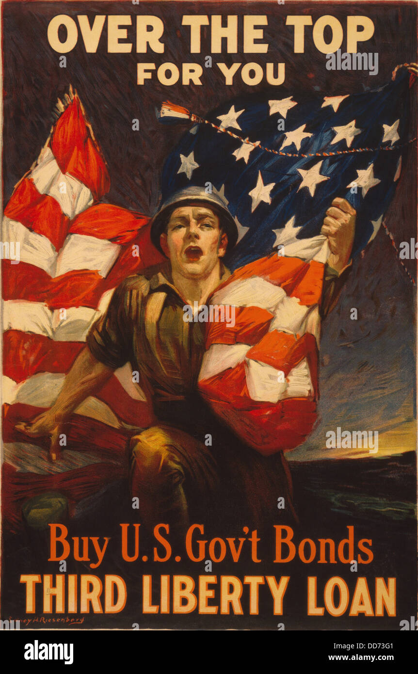American 1918 WW1 poster of a soldier clutching an