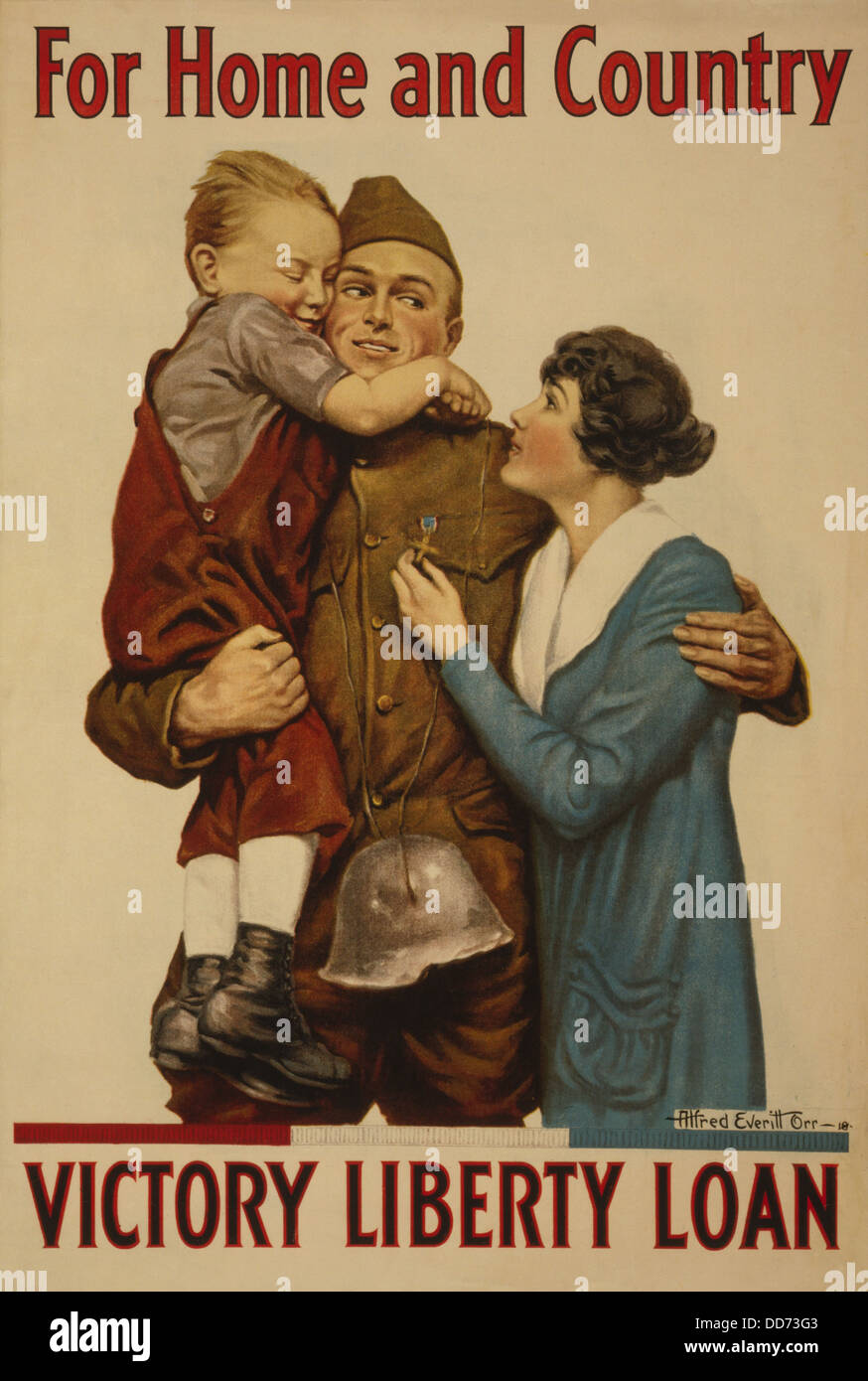 American 1918 WW1 poster of a soldier embracing a woman and child. Poster reads, 'For home and country - Victory Liberty Loan'. Stock Photo