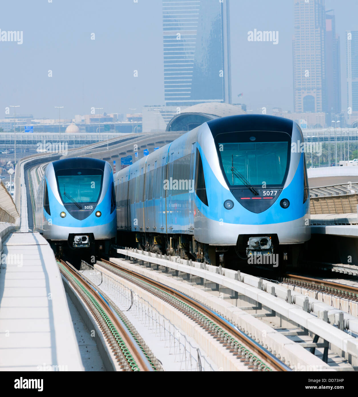 View of Metro railway  trains in Dubai United Arab Emirates Stock Photo