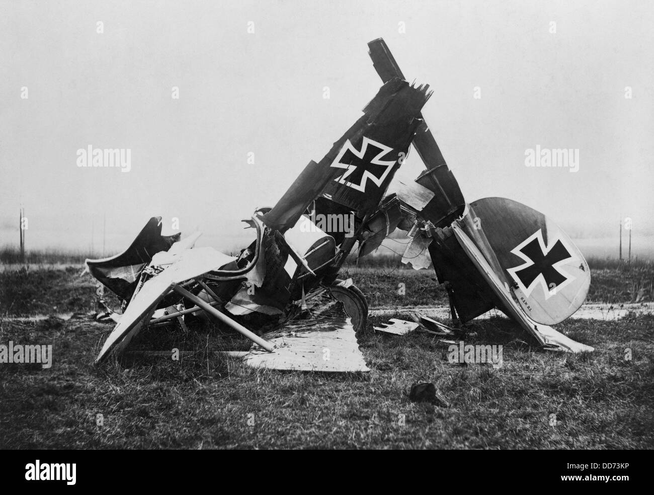 Wreckage of a WW1 German Albatross fighter biplane. 1916-18. Its pilots were advised not to perform steep or prolonged dives Stock Photo