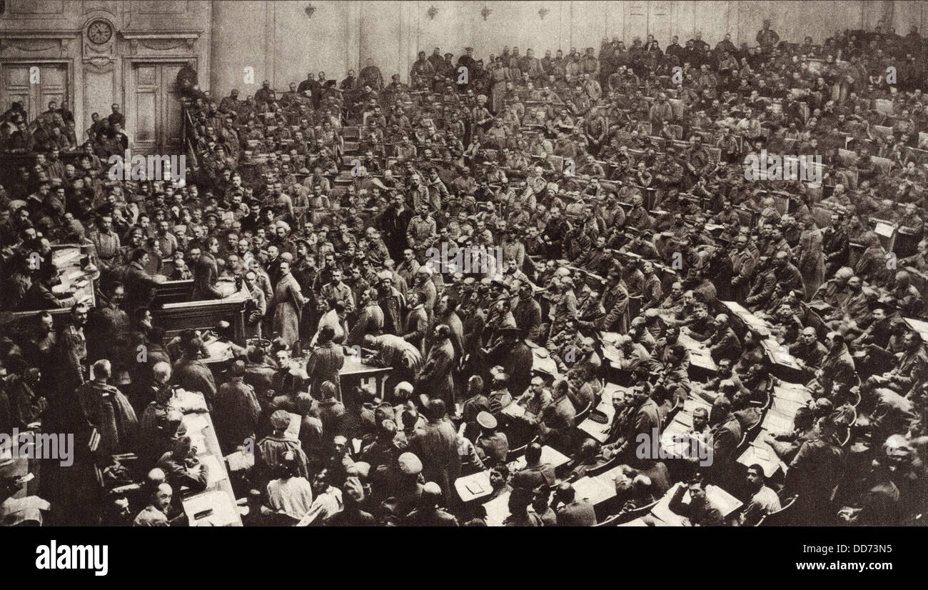 Russian Revolution. Petrograd Soviet of Workers' and Soldiers' Deputies. March 1917. Meeting in the State Duma, contained a Stock Photo