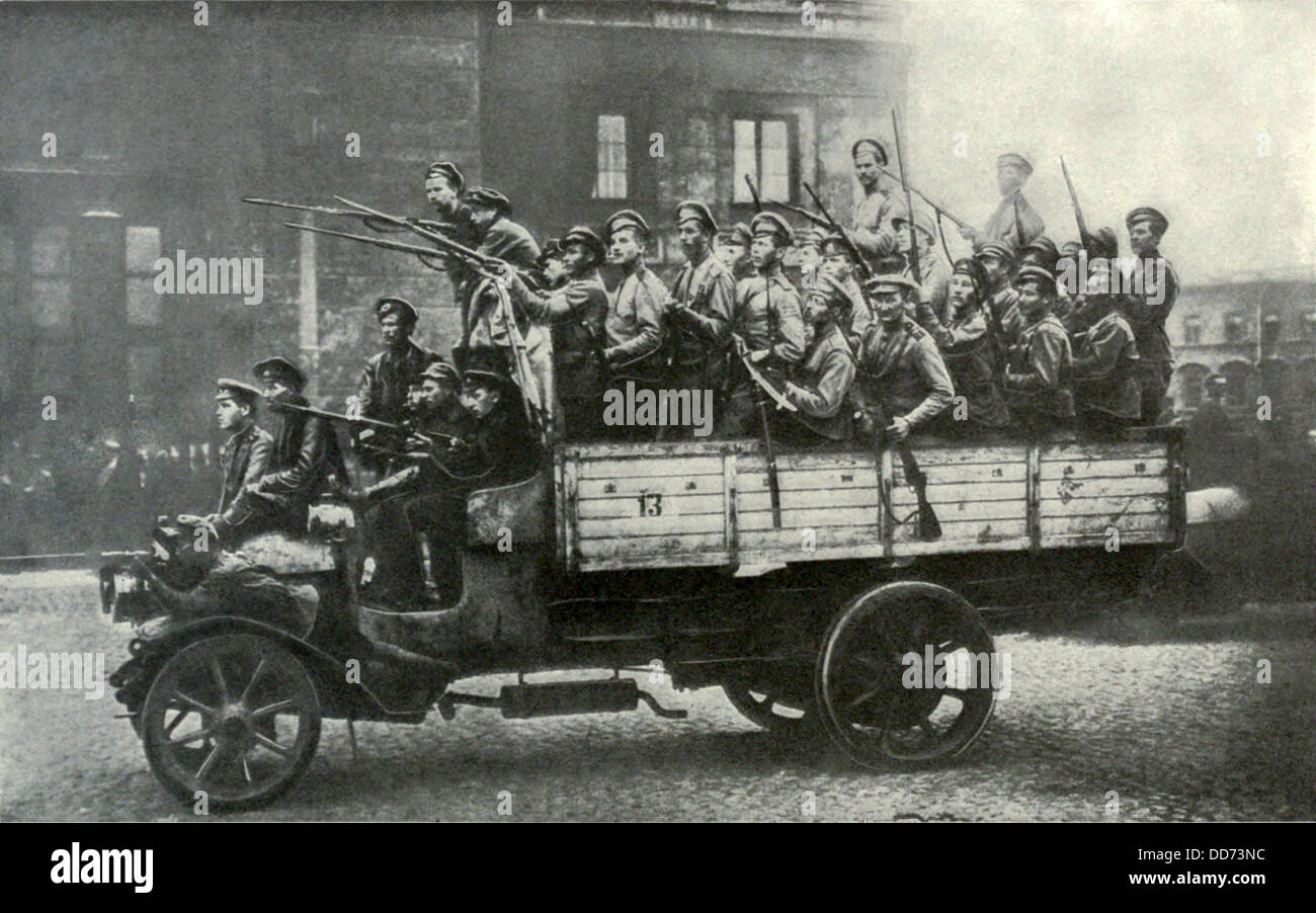 Truckload of excited soldiers during Russian Revolution. St. Petersburg, 1917. (BSLOC 2013 4 216) Stock Photo