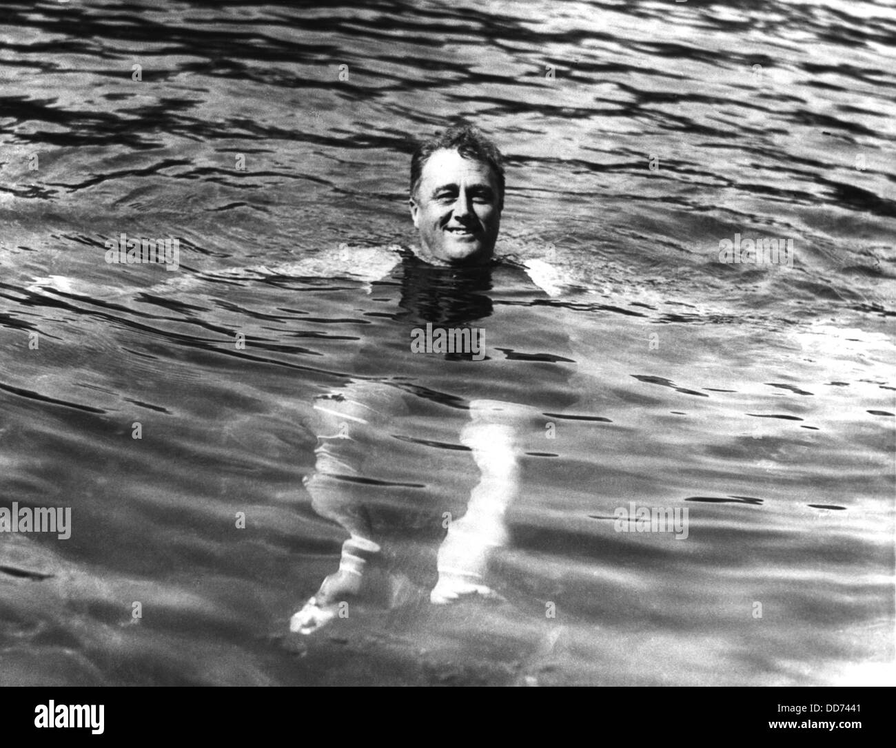 Gov. Franklin Roosevelt swimming in Warm Springs, Georgia. 1929. FDR was in his first year as Governor of New York State. Stock Photo