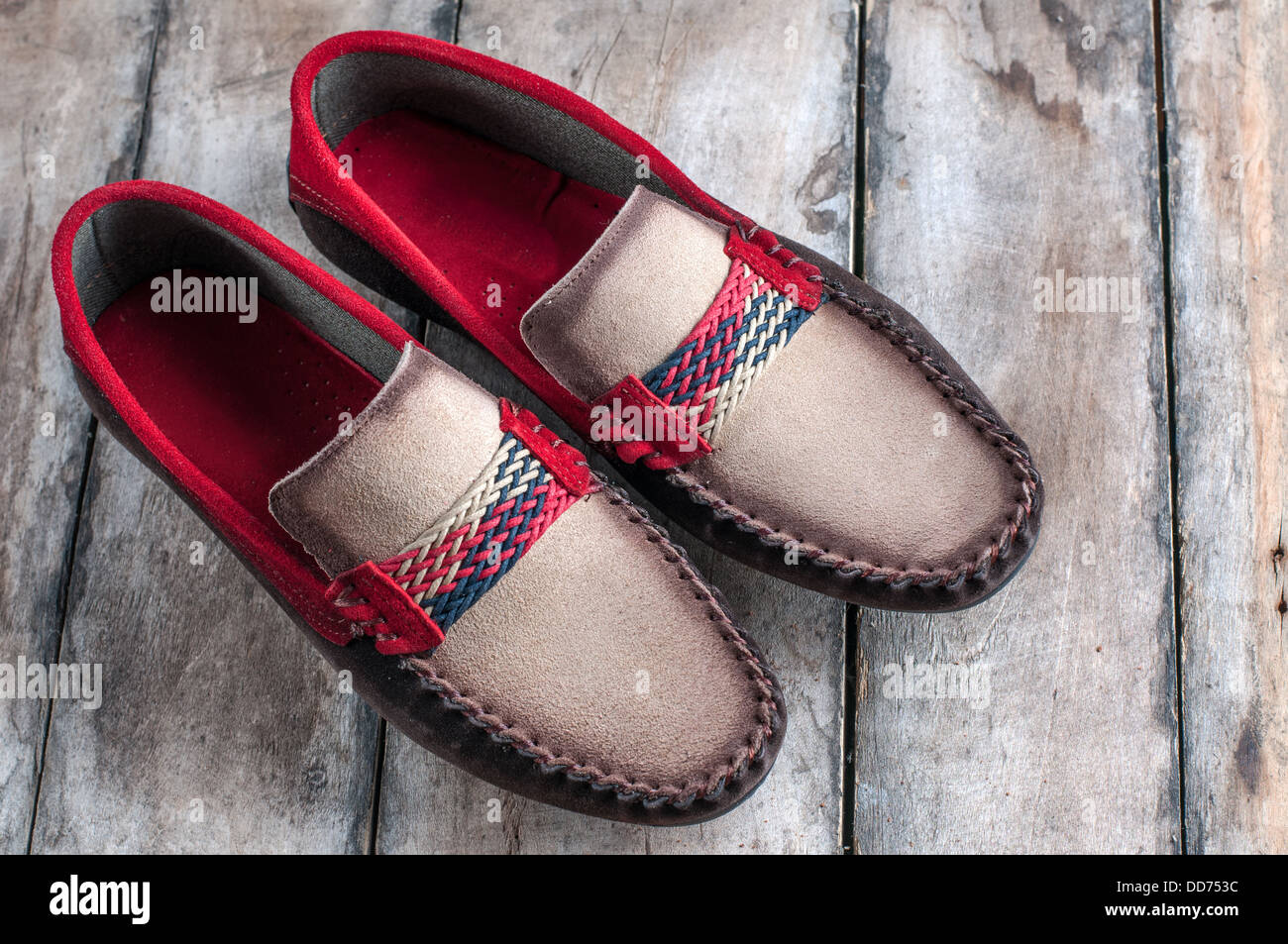 fashion shoes for men on old wooden plank Stock Photo