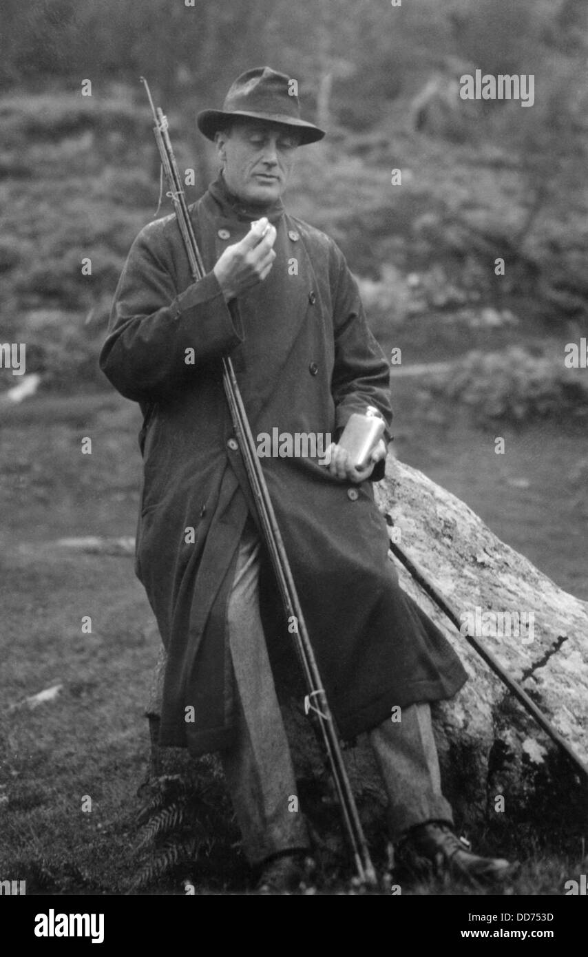 Franklin D. Roosevelt with fishing gear on the Blackwater River in Scotland. Aug. 30, 1918. As Asst. Navy Secretary, he was on Stock Photo