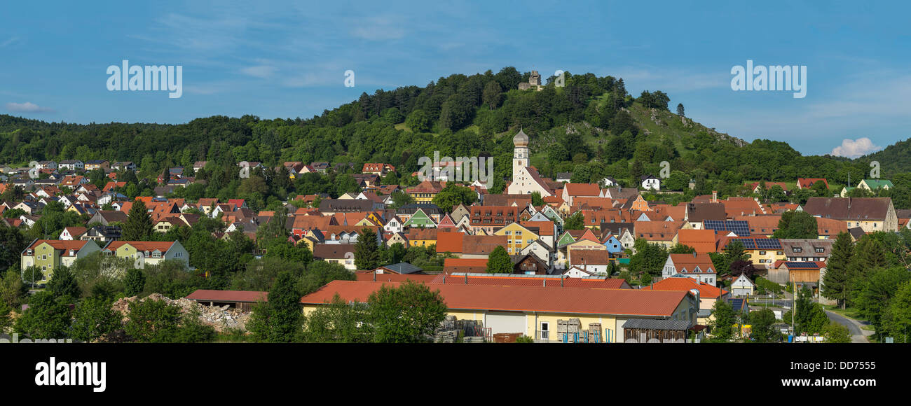 Germany, Bavaria, View of St John church and castle at Velburg Stock Photo