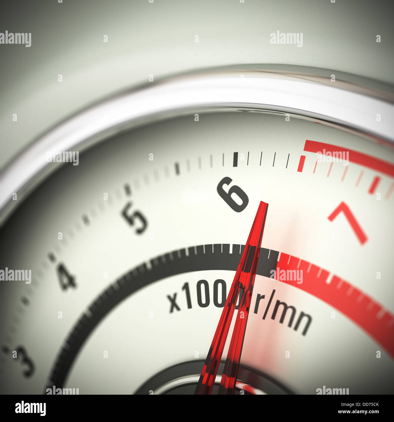Close up of a tachometer with blur effect and the needle pointing just