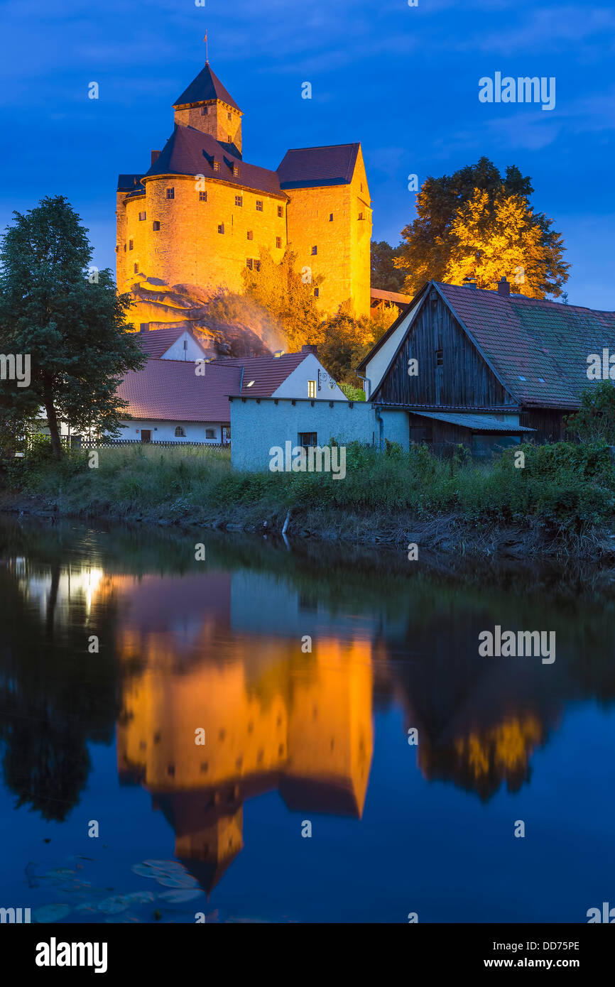 Germany, Bavaria, View of Falkenberg Castle reflected in River Waldnaab Stock Photo