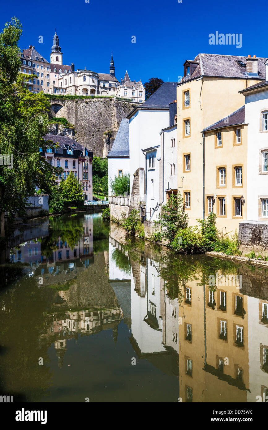 View towards the medieval Ville Haute from the River Alzette in the Grund district of Luxembourg City. Stock Photo