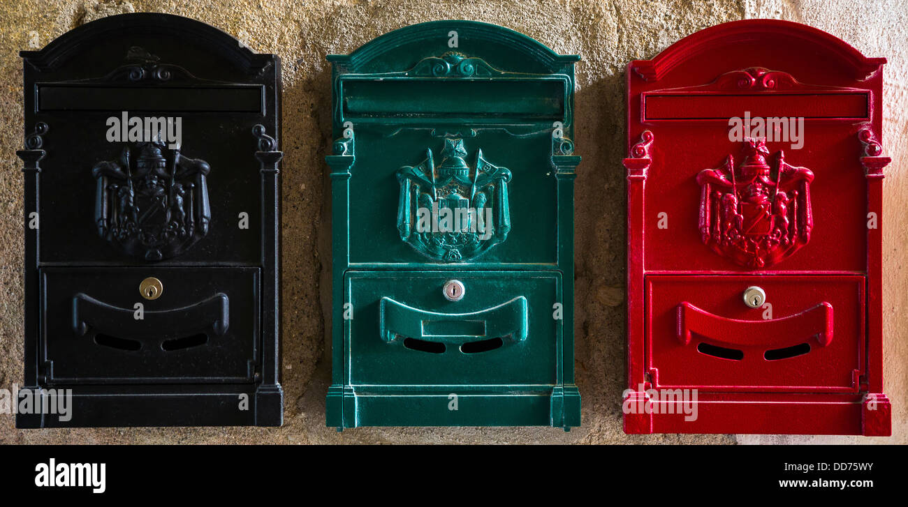 Three colorful mail boxes Stock Photo Alamy
