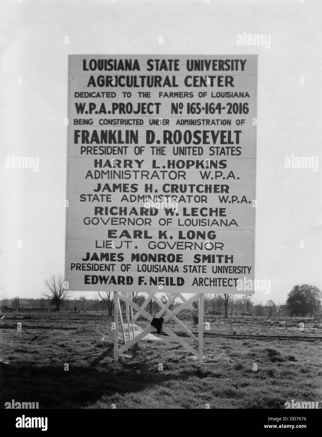 WPA construction sign at Louisiana State University, 1936. The Work