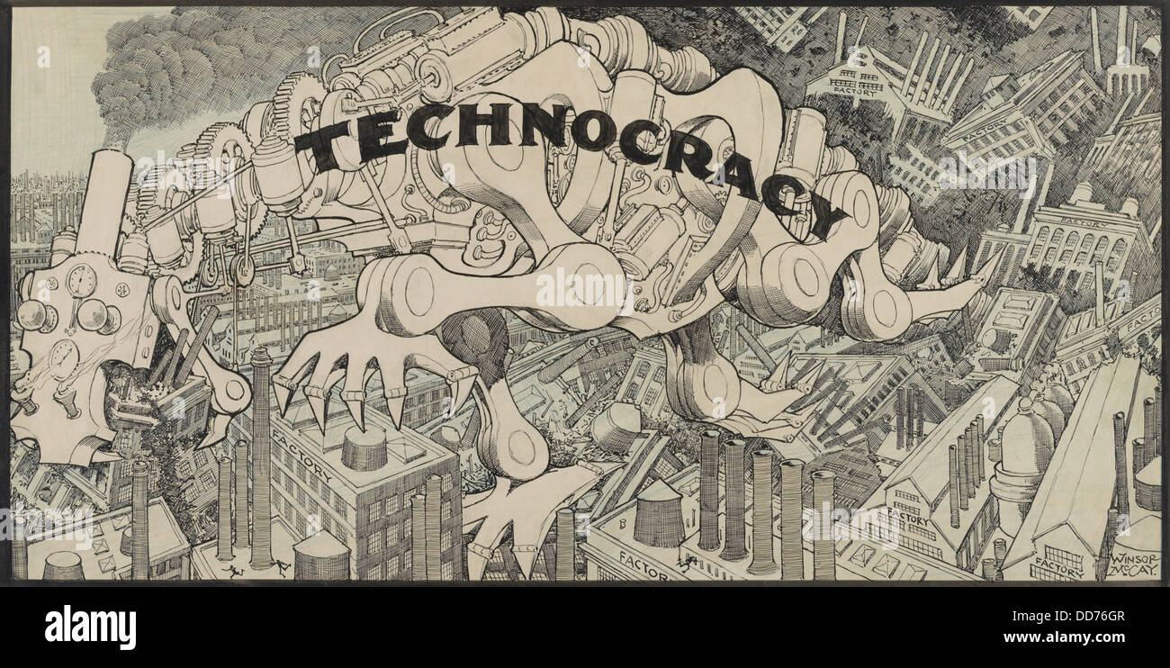 'Technocracy', a 1933 pessimistic cartoon by Winsor McCay. It depicts a large monster composed of mechanical parts, spewing Stock Photo