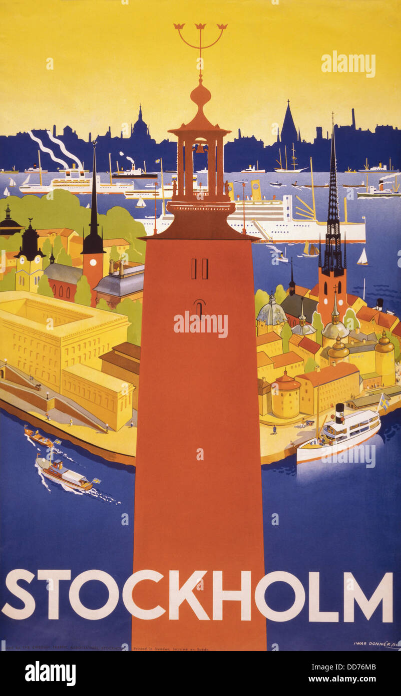 Swedish travel poster shows Stockholm's city hall and a bird's eye view of the harbor with ocean liners. 1936. Stock Photo