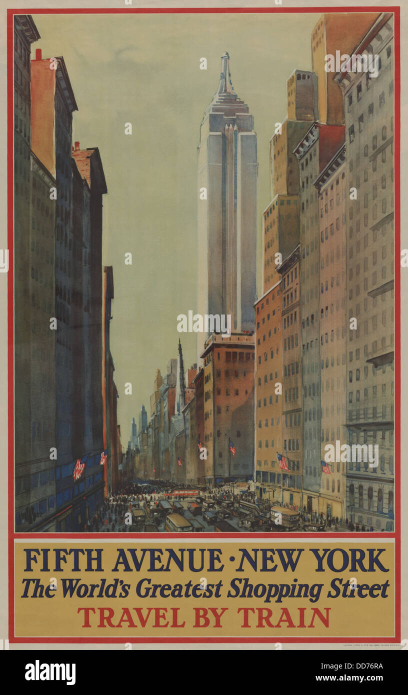 1930s poster shows bird's-eye view of street and skyscrapers on Fifth Avenue, including Empire State Building. It reads, 'Fifth Stock Photo